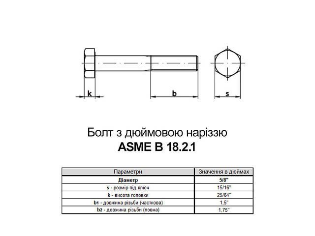 5/8'-18x1 3/4' різьба UNF сталь Gr5 без покриття болт дюймовий ключ 15/16' ASME B18.2.1 [I5N60I5N615045F500] - Фото 2