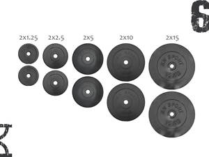 67 кг (2х1.25, 2х2.5, 2x5, 2х10 та 2x15) дисків, покритих пластиком (31 мм)