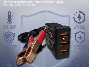 Адаптер живлення 12V/24V на 5V з 3 USB-портами та затискачами для акумулятора для аварійної зарядки телефонів