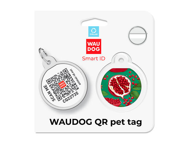 Адресник для собак і котів металевий WAUDOG Smart ID з QR паспортом, малюнок 'Гранати', коло, Д 25 мм - Фото 5