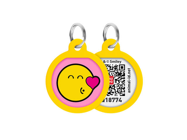 Адресник для собак і котів металевий WAUDOG Smart ID з QR паспортом, малюнок 'Смайли на рожевому', коло, Д 25 мм - Фото 1