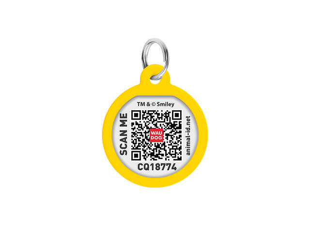 Адресник для собак і котів металевий WAUDOG Smart ID з QR паспортом, малюнок 'Смайли на рожевому', коло, Д 25 мм - Фото 3