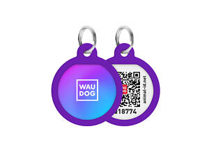 Адресник для собак і котів металевий WAUDOG Smart ID з QR паспортом, малюнок 'Градієнт фіолетовий', коло, Д 25 мм