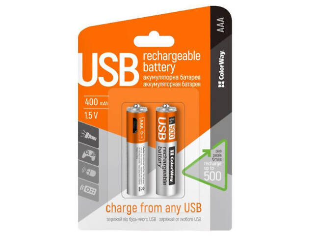 Акумулятор ColorWay AAA USB-micro 400 mAh * 2 (CW-UBAAA-01) - Фото 2