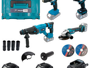 Аккумуляторный набор инструментов PROFI-TEC Combo Set 4/4 POWERLine : с АКБ 2шт-20V 4.0Ач+ЗП