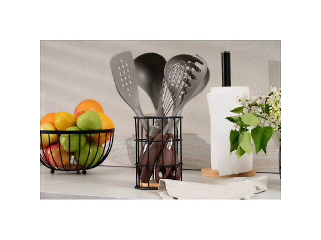 Аксессуар кухонный Ardesto Підставка для столових приборів Midori 11х11х17см, метал, бамбук, чорний (AR0905B) - Фото 2