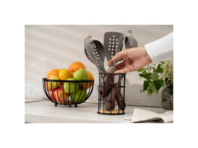 Аксессуар кухонный Ardesto Підставка для столових приборів Midori 11х11х17см, метал, бамбук, чорний (AR0905B) - Фото 5