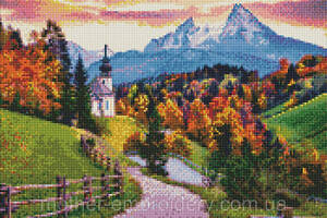 Алмазная вышивка мозаика Осенняя тишина церковь горы на подрамнике полная выкладка 5d 40х50 см