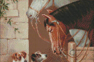 Алмазная мозаика вышивка Встреча в конюшне конь щенки на подрамнике полная выкладка 5d 40х50 см