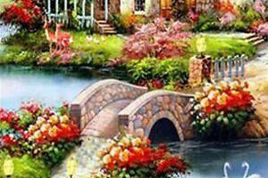 Алмазная вышивка 'Уютная Дача' мостик, цветы, домики, выкладка полная, мозаика 5d, 85х45 см