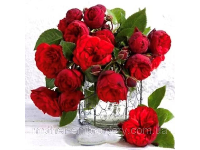Алмазная вышивка мозаика Букет красных роз в вазе на подрамнике полная 5d 30х30