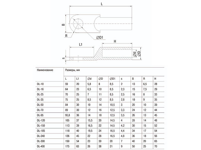 Алюмінієвий кабельний наконечник 240кв.мм. М16 гільза: 56мм (1 шт.) [UNP10-240-21-16-U] DL-240 UEC - Фото 2