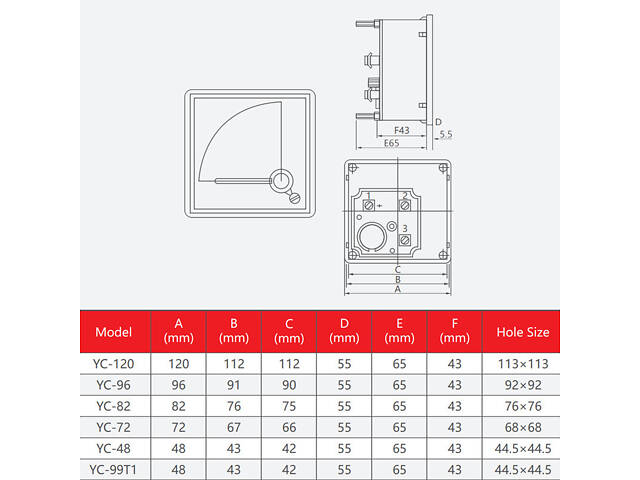 Амперметр аналоговий 1000/5А AC 96x96мм клас 1,5 [Б00029902] YC-96А CNC - Фото 2