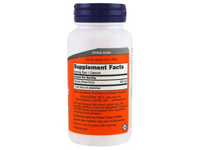 Амінокислота Now Foods Таурин 500мг, 100 капсул (NOW-00140) - Фото 2