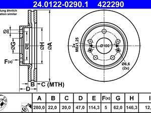 ATE 24.0122-0290.1 Диск гальмівний (передній) Suzuki SX4/Vitara 13- (280x22) (с покр.) (вент.)
