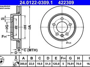 ATE 24.0122-0309.1 Диск гальмівний (задній) VW Crafter 2.0TDI 16-/Man TGE 17- (300x22) (з покриттям) (вентильований)