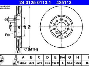 ATE 24.0125-0113.1 Тормозной диск (передний) Audi A3/Skoda Fabia/Octavia/VW Golf IV 96- (288x25) (с покрытием) (вентилируемый)