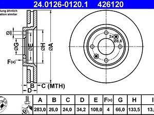 ATE 24.0126-0120.1 Диск гальмівний (передній) Citroen Berlingo/С3/С4/С5/Peugeot 207/308 02- (283x26) (з покр.) (вент.)
