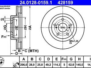 ATE 24.0128-0159.1 Диск гальмівний (передній) Toyota Aurion/Camry/ Rav4 2.0-2.2 06- (296x28) (покрив.) (вентильований)