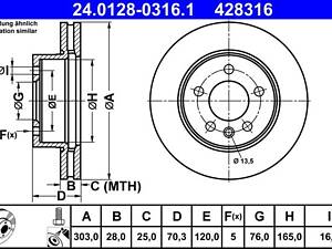 ATE 24.0128-0316.1 Диск гальмівний (передній) VW Crafter/Man TGE 2.0 TDI 16- (303x28) (вентильований)