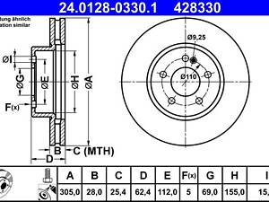 ATE 24.0128-0330.1 Диск гальмівний (передній) MB C-class (W205)/E-class (W213) 13- (305х28) (вент.) (з покриттям)