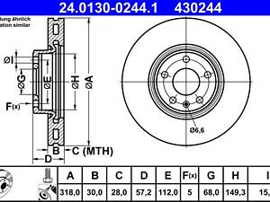 ATE 24.0130-0244.1 Диск гальмівний (передній) Audi A4/A5/Q5 15- (318x30) (з покриттям) (вент.)