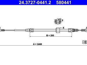 ATE 24.3727-0441.2 Трос ручника (центральний/передній) MB Sprinter/VW LT 96-06 (довга база) (L=2460mm)
