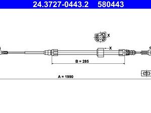 ATE 24.3727-0443.2 Трос ручника (центральний.передній)  MB Sprinter (W901-904)/VW LT 28-46 96- (средняя база) (L=1990mm)