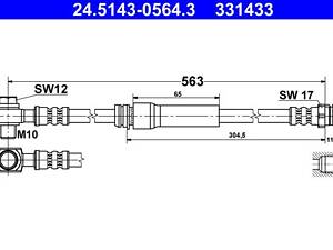 ATE 24.5143-0564.3 Шланг гальмівний (передній) Audi A3/Skoda Octavia/VW Caddy 1.2-3.6 03- (L=563mm)
