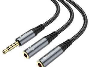 Аудіокабель HOCO UPA21 2-в-1 3.5 адаптер аудіо для навушників (male to 2*female) Металевий сірий yL.