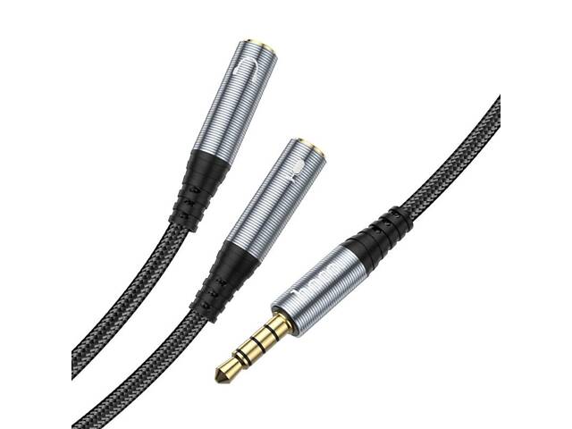 Аудіокабель HOCO UPA21 2-в-1 3.5 адаптер аудіо для навушників (male to 2*female) Металевий сірий yL. - Фото 3