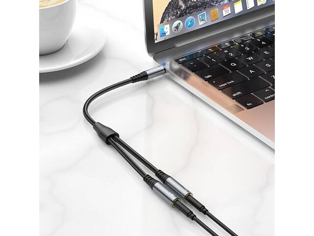 Аудіокабель HOCO UPA21 2-в-1 3.5 адаптер аудіо для навушників (male to 2*female) Металевий сірий yL. - Фото 7