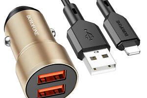 Автомобильное зарядное устройство BOROFONE BZ19 Wisdom dual port car charger set(iP) Gold