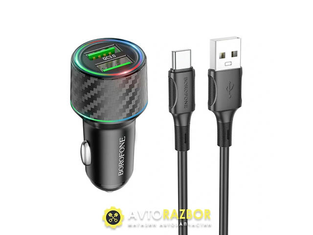 Автомобильное зарядное устройство BOROFONE BZ21A Brilliant 36W dual port QC3.0 car charger set(Type-C) Black