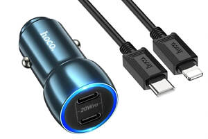 Автомобильное зарядное устройство HOCO Z48 Tough 40W dual port(2C) car charger set(C to iP) Sapphire Blue