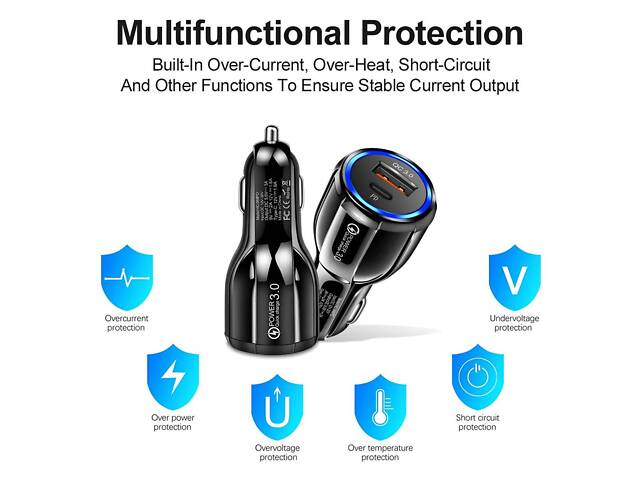 Автомобільна швидка зарядка QC 3.0 з двома портами USB і Type-C — компактний і потужний зарядний пристрій для авто 12V–32V - Фото 4