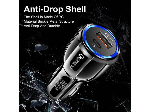 Автомобільна швидка зарядка QC 3.0 з двома портами USB і Type-C — компактний і потужний зарядний пристрій для авто 12V–32V - Фото 5