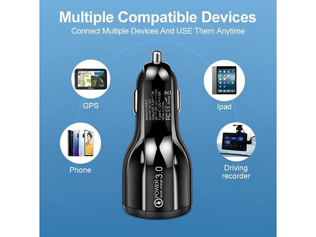 Автомобільна швидка зарядка QC 3.0 з двома портами USB і Type-C — компактний і потужний зарядний пристрій для авто 12V–32V - Фото 7
