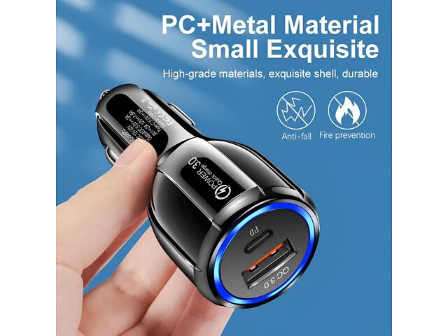 Автомобільна швидка зарядка QC 3.0 з двома портами USB і Type-C — компактний і потужний зарядний пристрій для авто 12V–32V - Фото 8