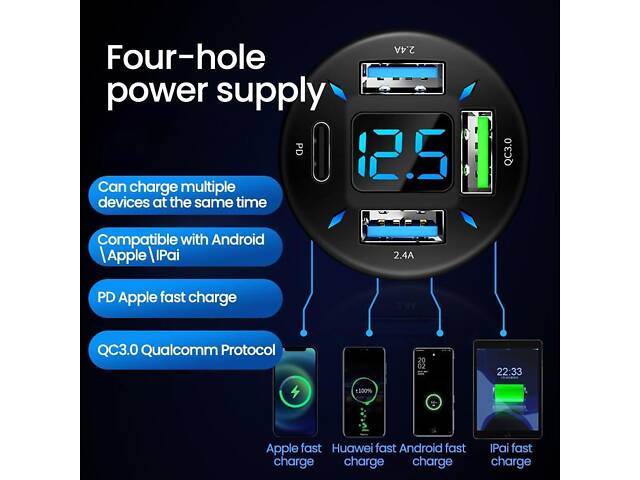 Автомобільна швидка зарядка QC 3.0 USB+PD. Авто заряджання на 4 порти. Автомобільна зарядка для Iphone - Фото 2