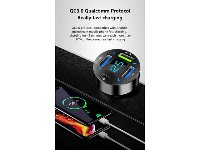 Автомобільна швидка зарядка QC 3.0 USB+PD. Авто заряджання на 4 порти. Автомобільна зарядка для Iphone - Фото 3