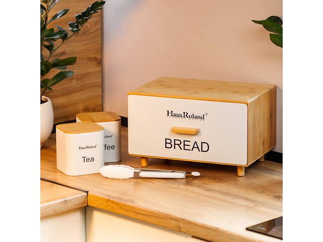 Бамбукова хлібниця з баночками для зберігання сипучих продуктів 2 шт по 1 літру + щипці кухонні набір білий - Фото 1