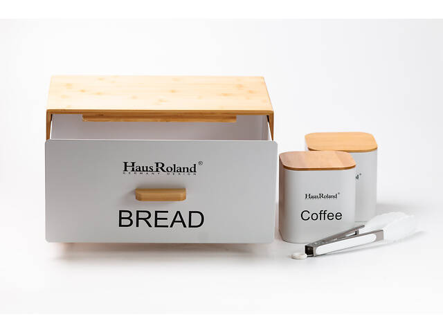 Бамбукова хлібниця з баночками для зберігання сипучих продуктів 2 шт по 1 літру + щипці кухонні набір білий - Фото 3