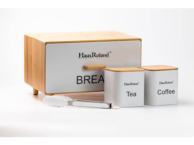 Бамбукова хлібниця з баночками для зберігання сипучих продуктів 2 шт по 1 літру + щипці кухонні набір білий - Фото 4