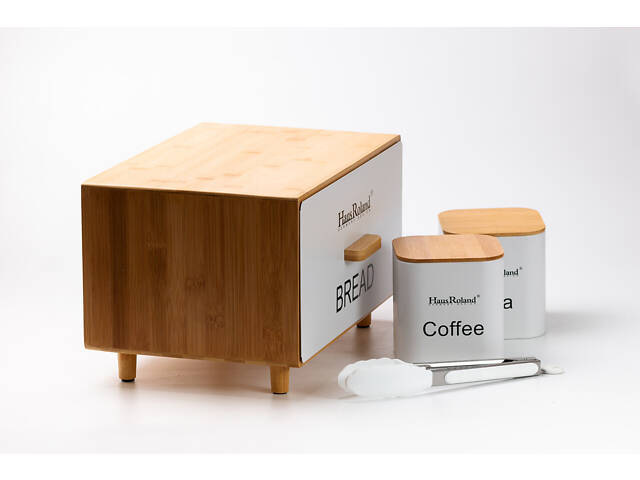 Бамбукова хлібниця з баночками для зберігання сипучих продуктів 2 шт по 1 літру + щипці кухонні набір білий - Фото 5