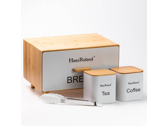 Бамбукова хлібниця з баночками для зберігання сипучих продуктів 2 шт по 1 літру + щипці кухонні набір білий - Фото 6