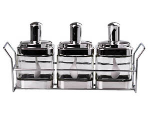 Банки для сипучих продуктів набір з 3 шт скляні ємності для зберігання з ложкою на металевій підставці