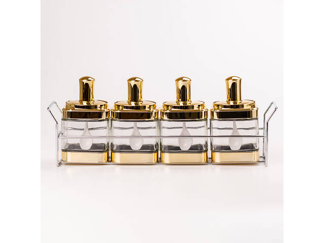 Банки для сипучих продуктів набір з 4 шт скляні ємності для зберігання з ложкою на металевій підставці - Фото 1