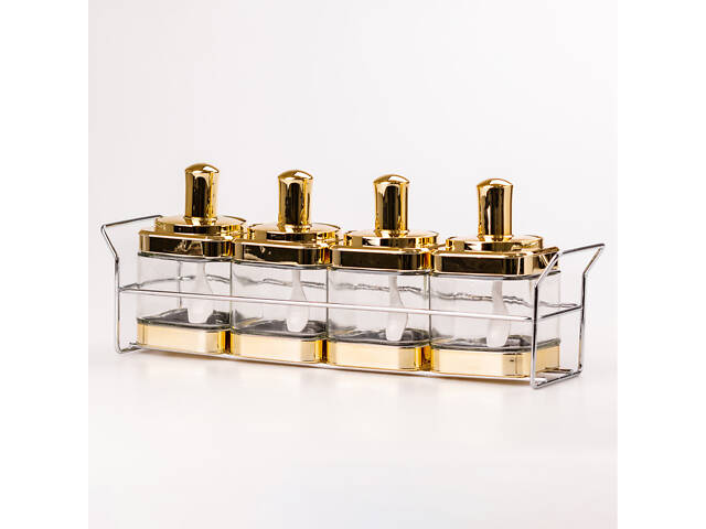 Банки для сипучих продуктів набір з 4 шт скляні ємності для зберігання з ложкою на металевій підставці - Фото 2