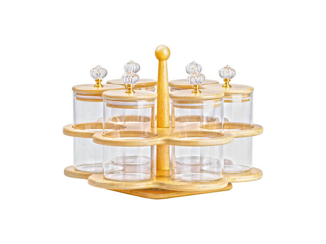 Банки для сыпучих продуктов набор из 6 штук по 580 мл на деревянной подставке HP16292 - Фото 1